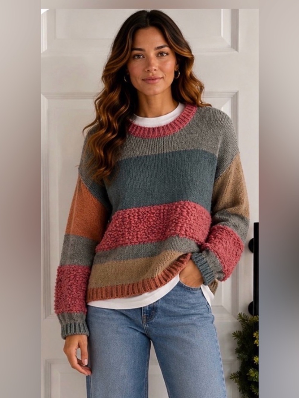 Self Contrast Charcoal Peach Striped Textured Crewneck Sweater - small